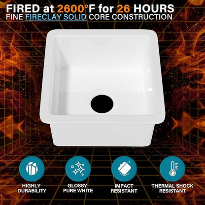 Small Undermount Bar Sink White 18 x 18 Inch, 9" Height Topmount Fireclay Kitchen Sink Drop In Single Bowl, Dual Mount Heavy Duty, w Accessory 2 Types, White, for Kitchen, Outdoor