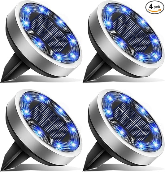 btfarm 4 Pack Solar Lights Outdoor, 8 LED Solar Ground Lights IP65 Waterproof Flat Solar Disc Light, Pathway Lights for Garden Lawn Patio Yard Path Landscape, Blue