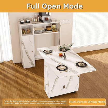 Multifunctional Convertible Folding Dining Table with Integrated Sideboard Storage Cabinet Power Outlets USB Ports Drop Leaf Expandable Rolling Kitchen Island Workspace Console Desk Hutch (White)