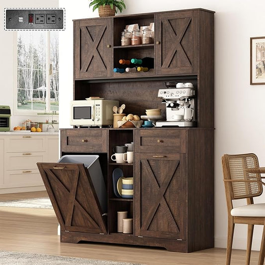 71" Tall 47"Wide Kitchen Pantry Storage Cabinet with Power Outlets,Farmhouse Kitchen Double Tilt Out Trash Cabinet 10X2 Gallon Garbage Holder with Two Drawers,Freestand Laundry Sort Cabinets(Brown)