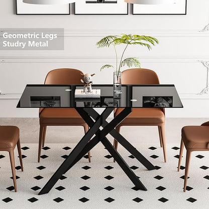 Dining Table with Tempered Glass Top, Modern Glass Dining Room Table Rectangle, Chrome Silver Geometric Metal Leg, Kitchen Table 51" L x 29.5" W x 30" H (All Black, 51" Dining Table)