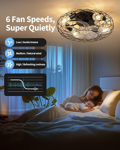 KDG 19.7″ Retro Low Profile LED Ceiling Fans with Light, Reversible Ceiling Fans Flush Mount with Remote and 6 Speeds, E26 Base Buld for Bedroom, Dinning Room, Kids Room, Kitchen