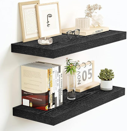 Vivelove Floating Shelves 16 Inch, Wall Shelves Over Toilet with Invisible Brackets for Bathroom Living Room Kitchen Bedroom Office Farmhouse Home Decor, 16" X 9.3" X 1.5" - Set of 2, Black