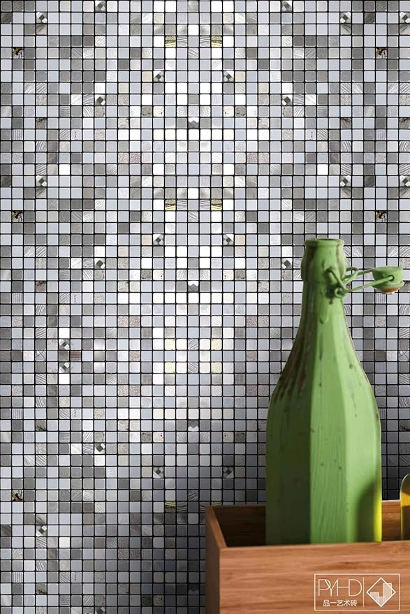 10 Sheets Self-Adhesive Aluminum Mosaic Peel and Stick Metal Tiles 3D Wall Sticker Panel Backsplash for Kitchen & Bathroom (12"x12" Bronze) (10 Silver White)