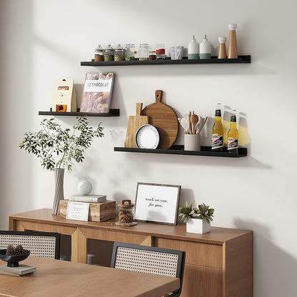FLYJOE Picture Ledge Wall Shelves 48 inches Width Set of 3, Solid Pine Wood Rustic Floating Ledge Shelves for Wall for Kids' Room Bedroom Kitchen Bathroom Long Floating Shelves for Wall Decor, Black