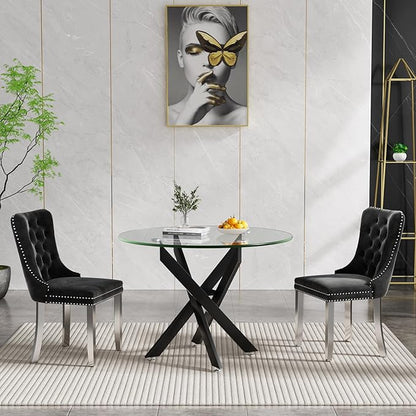 36'' Round Glass Dining Table for 2-4, Round Dining Room Table for Small Space, Circular Glass Kitchen Table for 4, X-Shape Black Metal Legs
