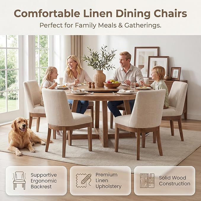 HNY Modern Dining Chairs Set of 4 with Comfortable Back Support, Farmhouse Soft Linen Upholstered Kitchen Dining Room Chairs with Solid Wood Legs, Armless Accent Side Chairs for Living Room, Beige