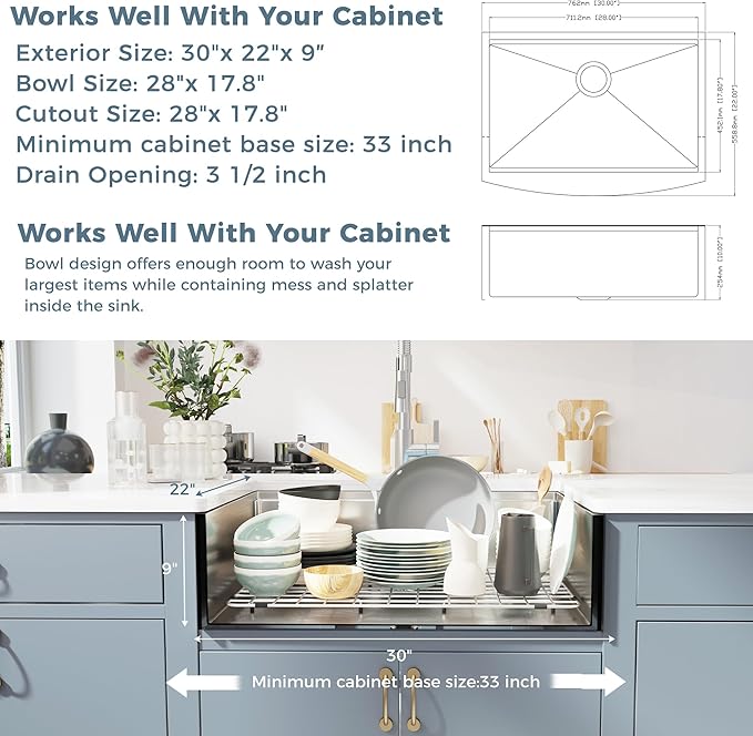 30x22 Inch Farmhouse Kitchen Sink – Workstation Apron Front, ALWEN Single Bowl Sink, 16 Gauge Scratch-Resistant Stainless Steel, R10 Radius, Ledge & Accessories Included