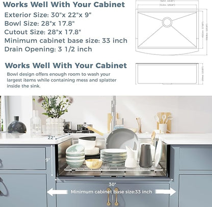 30x22 Inch Farmhouse Kitchen Sink – Workstation Apron Front, ALWEN Single Bowl Sink, 16 Gauge Scratch-Resistant Stainless Steel, R10 Radius, Ledge & Accessories Included