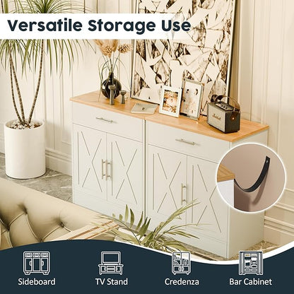 SUNLEI Coffee Bar Cabinet, Wooden Storage Cabinet with 2 Doors and 1 Drawers, Adjustable Shelf, Modern Farmhouse Kitchen Buffet Sideboard Cabinet with Storage for Kitchen, Rustic White&Yellow