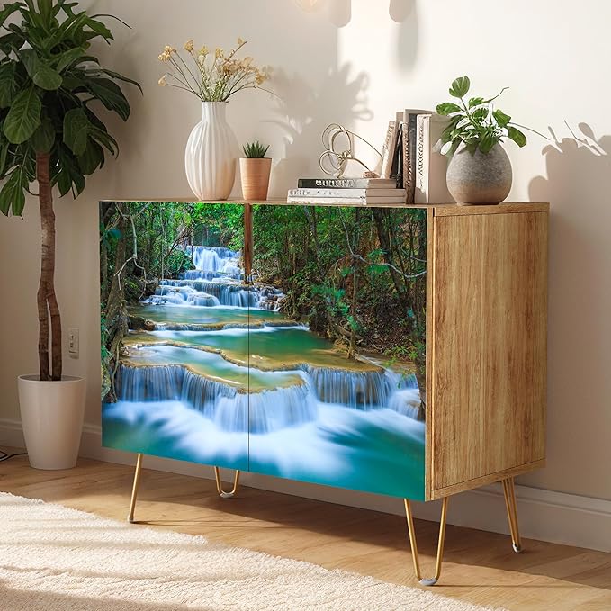 SIGNWIN Sideboard Buffet Cabinet, Kitchen Storage Cabinet with 2 Doors, Colorful Spring River Rapid Forest Tree, Cupboard Console Table for Dining Room - 35" L x 18" W x 29" H