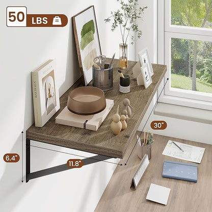 Deep Wall Shelves 30"W x 12"D Engineered Wood Floating Shelves for Wall, Sturdy Metal Bracket Bookshelves Home Decor Storage for Living Room Bedroom Bathroom Kitchen, Set of 2, Grey Finish