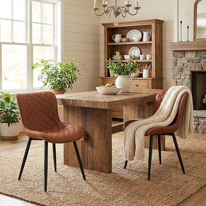 YOUTASTE Mid-Century Modern Dining Chairs Set of 2, Coffee Brown PU Leather Kitchen Accent Chair with Black Metal Legs, for Living Room, Guest Room, Waiting Area