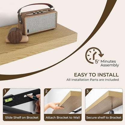 RICHFOCUS 48Inch Floating Shelves for Wall 2 Pack Shelves for Bedroom|Kitchen|Bathroom Wall Mounted Rustic Wood Floating Shelf with Invisible Brackets for Books|Storage|Decor, Oak