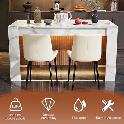 Faux Imitation Dining Table with 4 Velvet Dining Chairs Set, Marble Stripes Kitchen Island Table with Grille Design for 4-6, Luxury Island with LED Lights for Home Kitchen. (White)