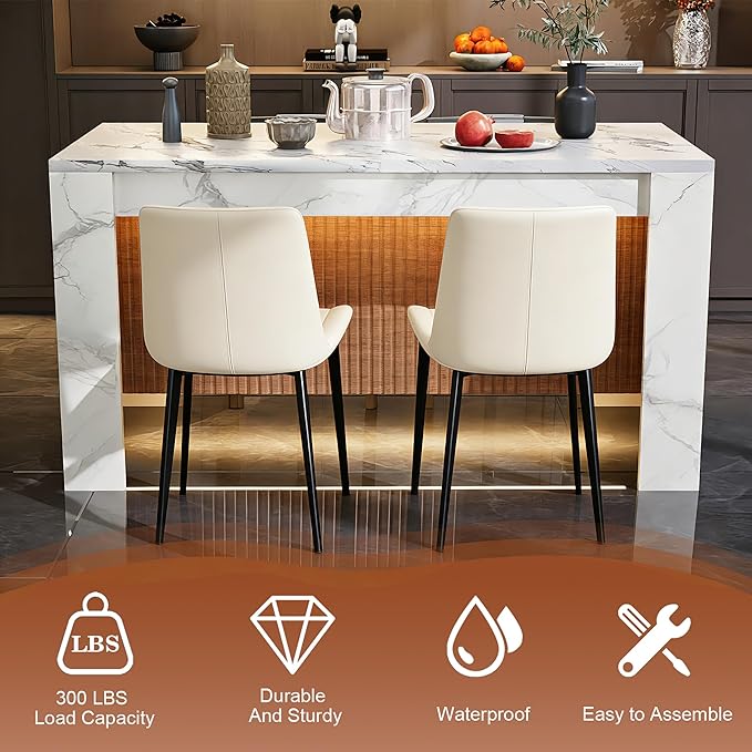 Large Faux Imitation Dining Table with Velvet Dining Chairs Set of 4, Marble Stripes Kitchen Island Table with Grille Design for 4-6, Luxury Island with LED Lights for Home Kitchen. (White)