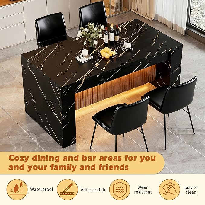 Large Faux Imitation Dining Table with Velvet Dining Chairs Set of 4, Marble Stripes Kitchen Island Table with Grille Design for 4-6, Luxury Island with LED Lights for Home Kitchen. (Black)