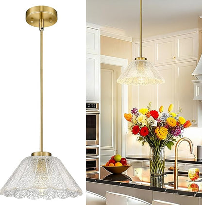 Modern Pendant Light Fixtures, HWH Pendant Lights for Island Dining Room Hallway, Bedroom, Gold Hanging Lighting with Clear Floral Glass, Brushed Gold Finish, 5HJX110MIL BG