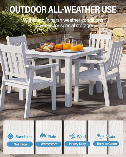 YEFU HIPS Patio Table Set: 5 Piece Outdoor Square Table and Chairs with Metal Aluminum Frame - White Modern Plastic Patio Dining Furniture Set 4 Person for Outside Deck