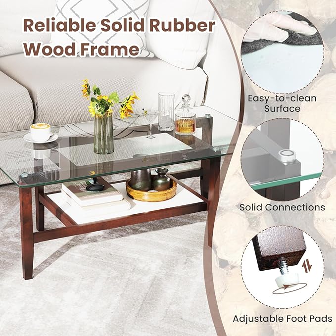 Giantex Glass Coffee Table, 42 Inch 2-Tier Rectangular Cocktail Table with Storage Shelf & Solid Rubber Wood Legs, Modern Center Table for Living Room, Home Office, Brown