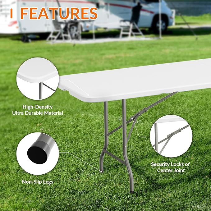 Elevon Folding Table Set with 8 Black Folding Chairs,8 Feet Heavy Duty Fold-in-Half Utility Table Sets for Picnic, Event, Training, Outdoor Activities, at Home and Commercial Use