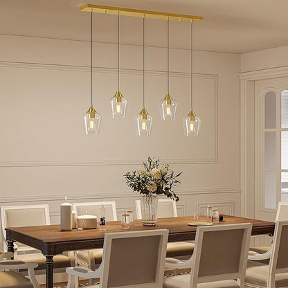 VONLUCE Pendant Lights Kitchen Island, Brushed Gold Pendant Light Fixtures with E26 Base & Adjustable Cable, Modern Pendant Lighting with Glass Shade for Living Room Bedroom Hallway, 5-Light