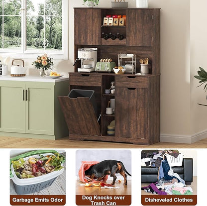 71"H Kitchen Pantry Storage Cabinet with Power Outlets and Two Drawers,10X2 Gallon Kitchen Hidden Double Tilt Out Trash Can Cabinet with Trash Bin Storage Holders,Laundry Hamper Cabinets(Brown)