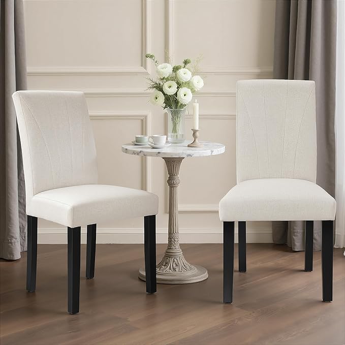 VECELO Upholstered Dining Chairs Set of 2, Modern Fabric and High Back & Solid Wood Legs, Parsons for Kitchen/Living Room- Beige