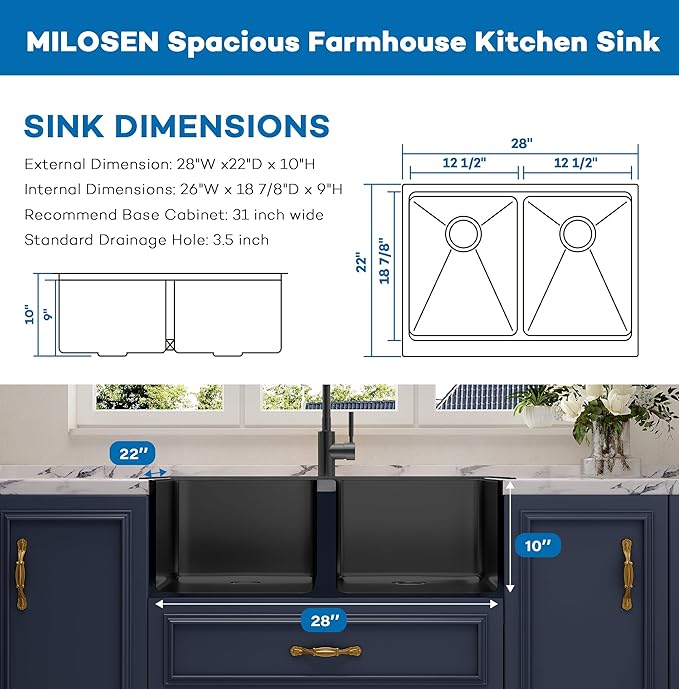 MILOSEN 28 Inch Black Farmhouse Kitchen Sink, 28''x22'' Drop in Black Stainless Steel Workstation Apron Front Sink with Ledge & Accessories, Double Bowl Farm Sinks, 10'' Large and Deep Handmade Sinks
