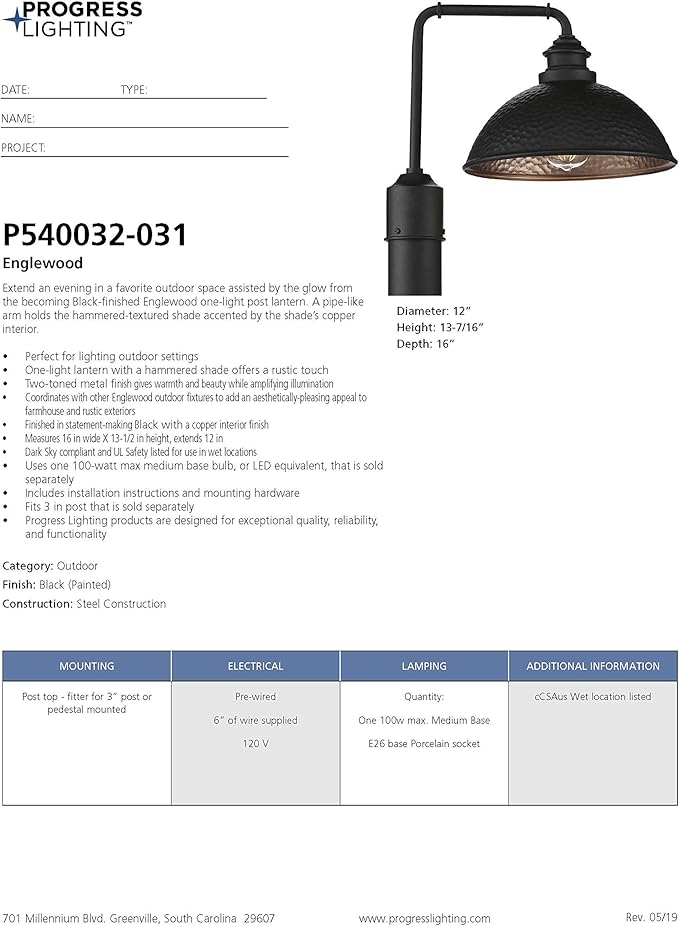 Progress Lighting Englewood Collection 1-Light Farmhouse Outdoor Post Lantern Light Textured Black, 13-7/16" x 16" x 12"