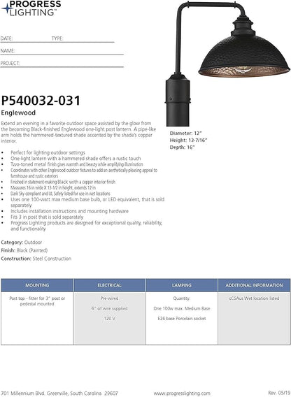 Progress Lighting Englewood Collection 1-Light Farmhouse Outdoor Post Lantern Light Textured Black, 13-7/16" x 16" x 12"