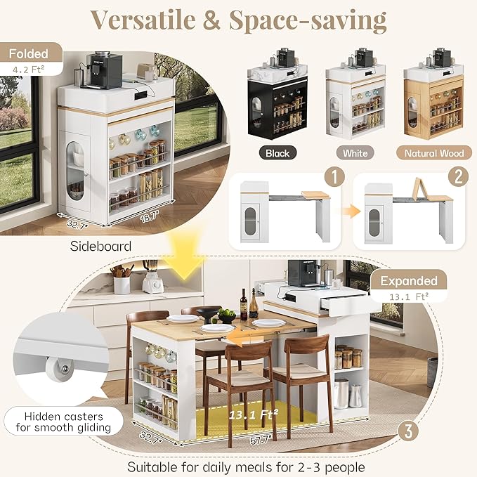 Extendable Dining Table with Folding Tabletop, Bar Table with Drawers and Power Outlet, Kitchen Island with Wheels and Hooks for Kitchen, Dining Room, Creamy White+Natural