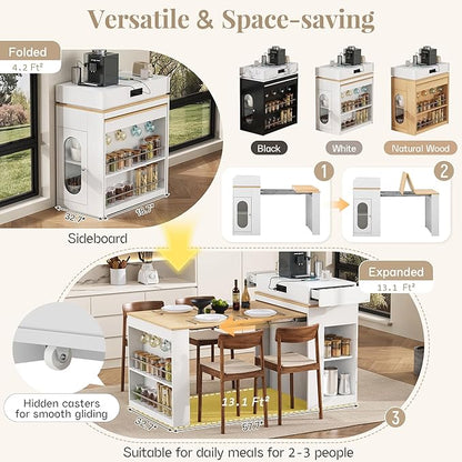 Extendable Dining Table with Folding Tabletop, Bar Table with Drawers and Power Outlet, Kitchen Island with Wheels and Hooks for Kitchen, Dining Room, Creamy White+Natural