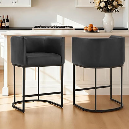 24" Counter Height Bar Stools Set of 4, Modern Barrel Counter Stools with Backrest and Arms, Faux Leather Upholstered Accent Barstools with Metal Legs for Kitchen Island,Black