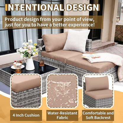 UDPATIO 5 Piece Patio Furniture Set, All-Weather Wicker Outdoor Sectional Sofa, L Shaped Outdoor Conversation Couch with Ottoman, Glass Table for Balcony Porch Backyard, Khaki