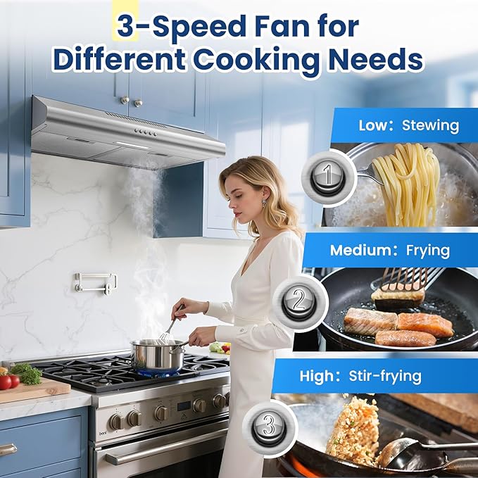 24 inch Range Hood Under Cabinet, Stainless Steel Range Hood 280CFM, Slim Kitchen Stove Hood w/Push Button, Ducted/Ductless Convertible, 3 Speeds Exhaust Fan, LED Light and Carbon Filter