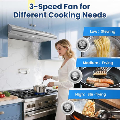 24 inch Range Hood Under Cabinet, Stainless Steel Range Hood 280CFM, Slim Kitchen Stove Hood w/Push Button, Ducted/Ductless Convertible, 3 Speeds Exhaust Fan, LED Light and Carbon Filter