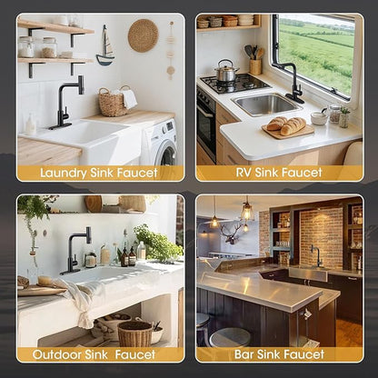 Waterfall Kitchen Faucet with Pull Down Sprayer, ARTIQUA Black Single Handle Kitchen Sink Faucet with Deck Plate Fits 1 or 3 Hole, for Bar RV Laundry Farmhouse Outdoor and Camper