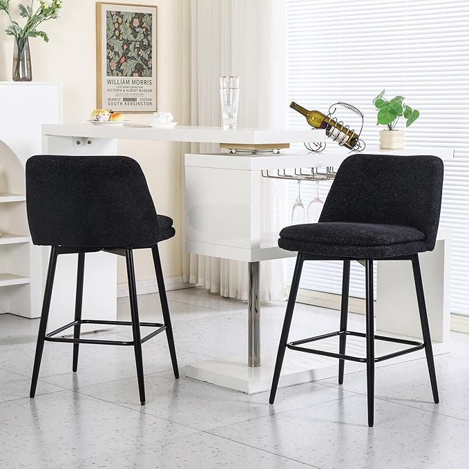 Counter Height Swivel Bar Stools Set of 2, 360° Swivel Upholstered Barstools with Back and Metal Legs, 25.6" Seat Height,Counter Stools for Kitchen Island and Pub,Linen Cloth,for Living Room