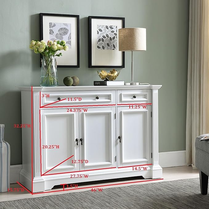 Kings Brand Furniture Wood Buffet Breakfront Cabinet Console Table with Storage, Drawers, Shelves,White