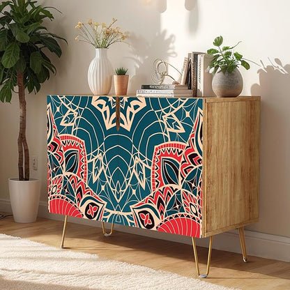 SIGNWIN Sideboard Buffet Cabinet, Kitchen Storage Cabinet with 2 Doors, Colorful Indian Floral Mandala Pattern, Cupboard Console Table for Dining Room - 35" L x 18" W x 29" H