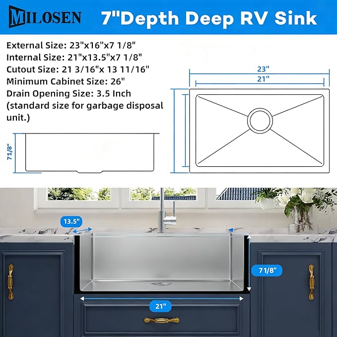 MILOSEN RV Farmhouse Kitchen Sink Undermount 23×16×7 Inch, T304 Stainless Steel Farm Apron Front Sink, Single Bowl Camper Sinks for Outdoor RV Kitchen, Small Deep Farm Sinks for Trailer Camper Van