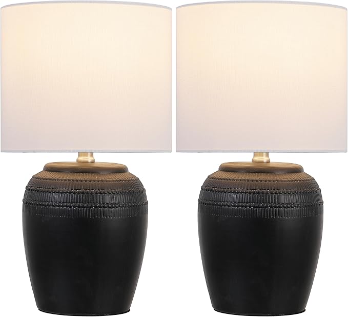 JONATHAN Y 16.75" Black/Nickel Ceramic Table Lamp Set of 2, Rustic Traditional Reeded Vase Lamps with White Linen Shade for Bedroom Living Room Decor JYL5707A-SET2