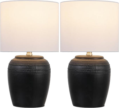 JONATHAN Y 16.75" Black/Nickel Ceramic Table Lamp Set of 2, Rustic Traditional Reeded Vase Lamps with White Linen Shade for Bedroom Living Room Decor JYL5707A-SET2