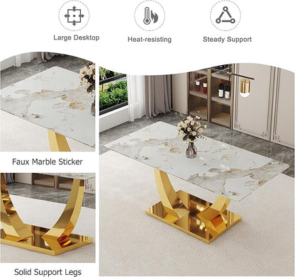 Faux Marble Dining Table, 71" Dining Room Table with Rectangular Tempered Glass Top for 6-8, Modern Kitchen Table with Golden U-Shaped Base, Contemporary Kitchen Dining Room Furniture