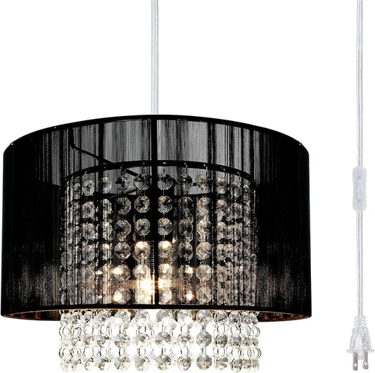 TISLYCO Plug in Chandelier, Crystal Chandelier Lighting with Long Cord 15ft and On/Off Switch, Hanging Pendant Light Plug in, Hanging Lamps That Plug into Wall Outlet for Bedroom Living Room