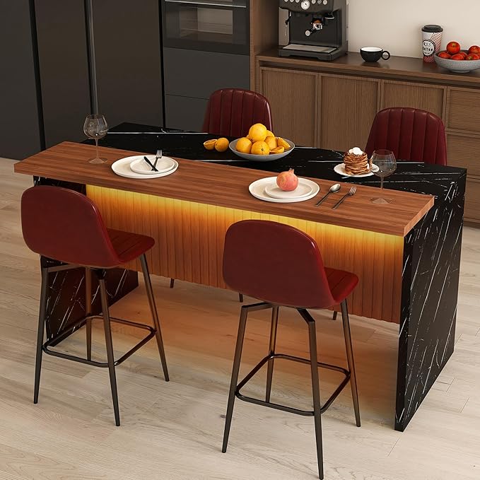 63-inch Modern American Kitchen Island Set with 4 Dark Brown Bar Stools - Black Marble Look MDF Surface,3-Color Dimmable LED Lighting，Grill Design,Seats 4-6 for Dining Room, Lounge，Walnut+Black