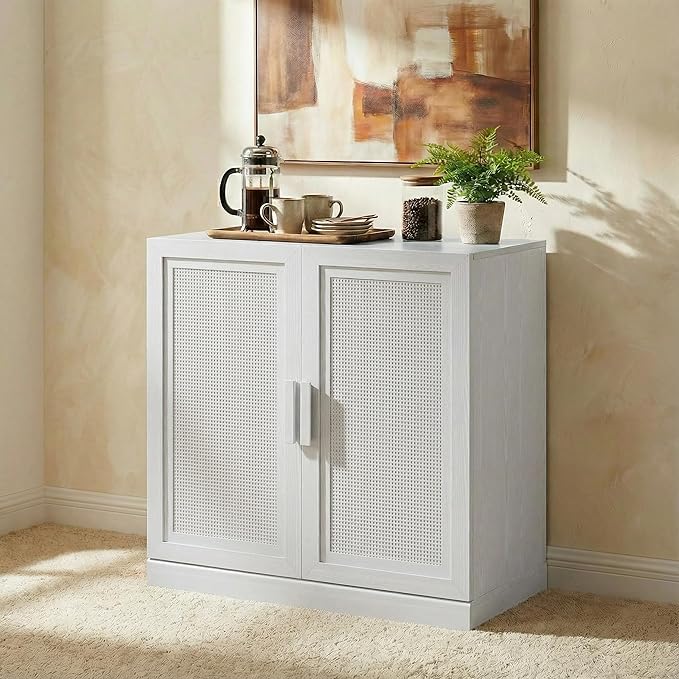Casaphoria Adam Sideboard Buffet Cabinet with Storage, Sideboard Cabinet with Rattan Doors & Adjustable Shelves, 31" W x 31" H Coffee Bar for Entryway Kitchen Living Room, White