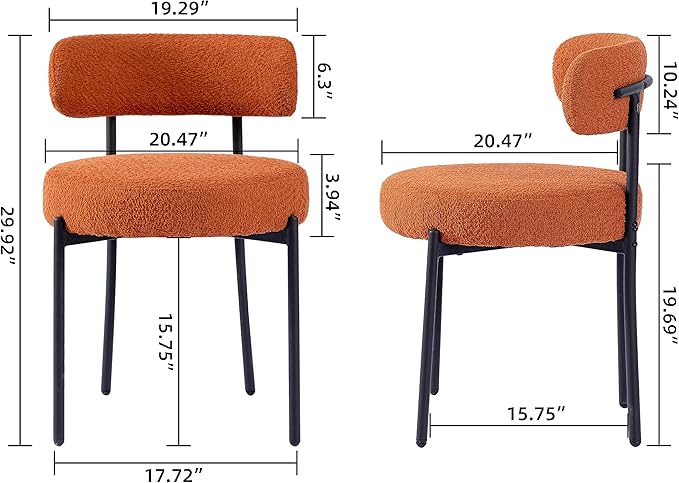 DYHOME Mid-Century Modern Dining Chairs Set of 6, Boucle Dining Chairs Upholstered with Black Metal Legs, Curved Backrest Kitchen Dining Room Chairs, Orange