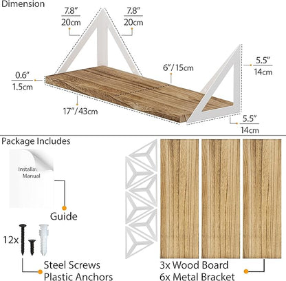 Wallniture Minori Wood Floating Shelves for Wall Storage, Wall Book Shelves for Living Room Decor, Geometric Triangle Shelf Set of 3, Burned Finish